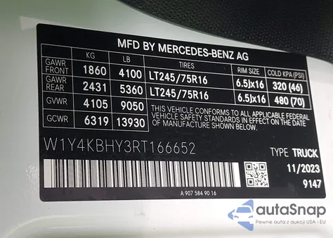 2024 Mercedes-Benz Sprinter 2500 Standard Roof 4-Cyl Diesel из США, поврежденный, VIN W1Y4KBHY3RT166652